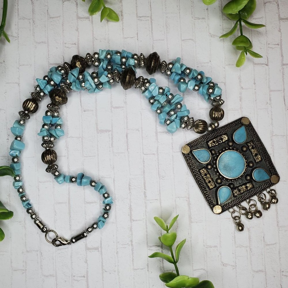 Silver Necklace, Tribal Southwestern Boho Turquoise Medallion Pendant